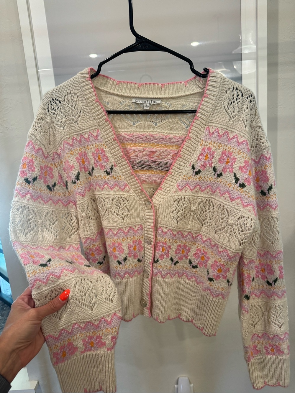 She and Sky Cream Cardigan with Pink Floral Fair Isle